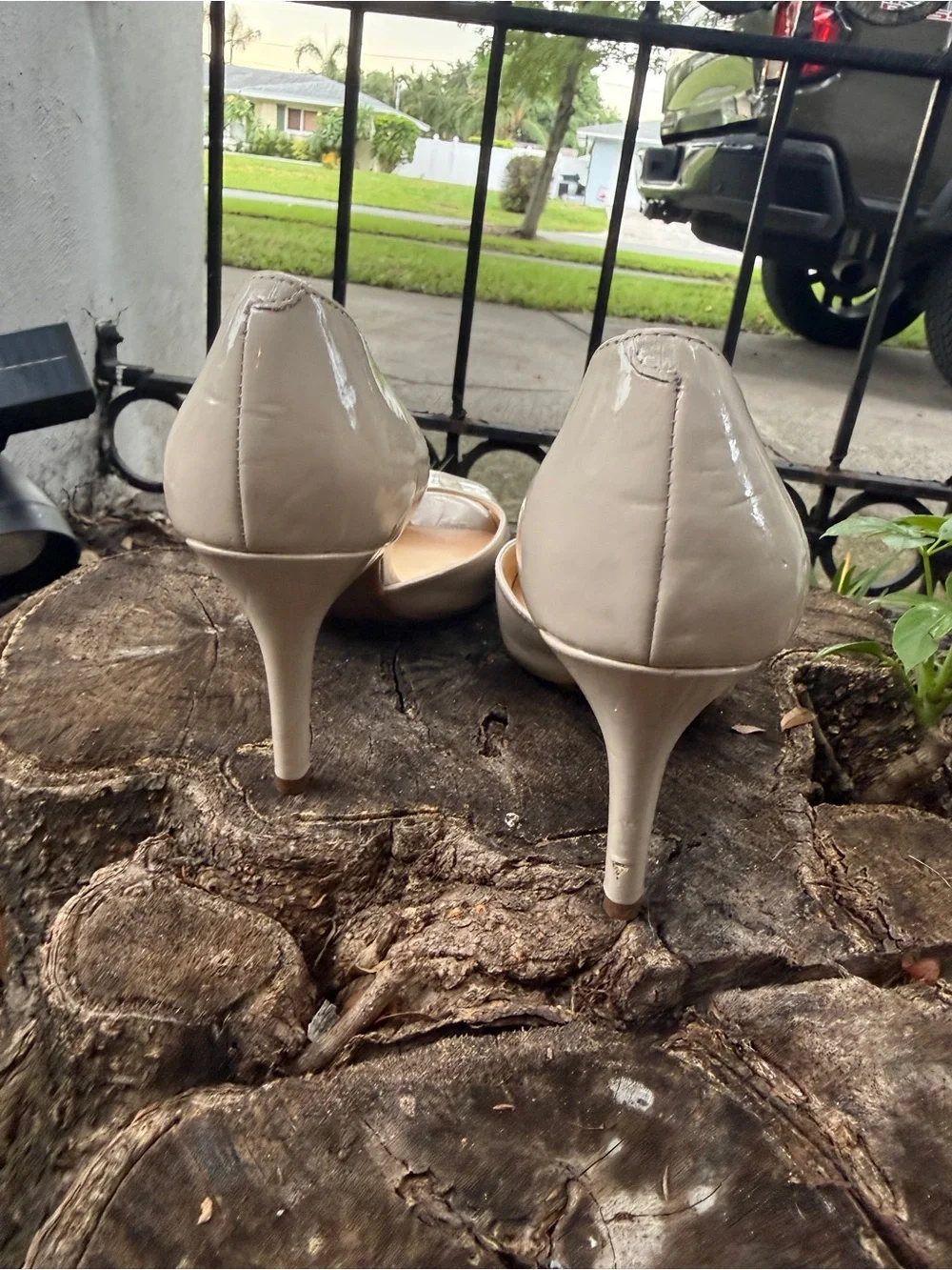 Marc Fisher Patent Open-Toe Pumps in Beige